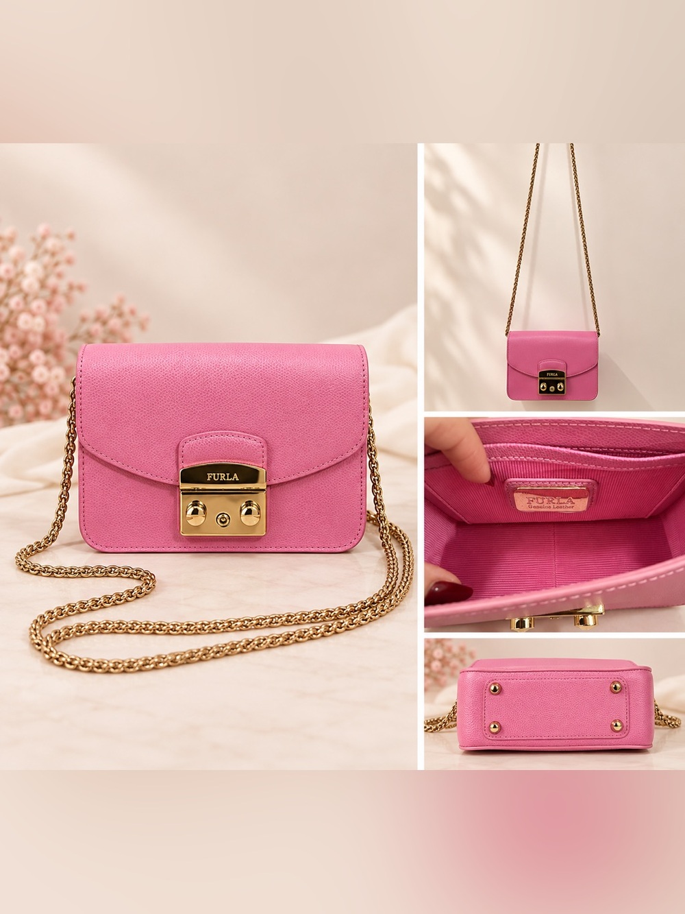 Furla Pink Leather Mini Crossbody with Gold Chain Lock